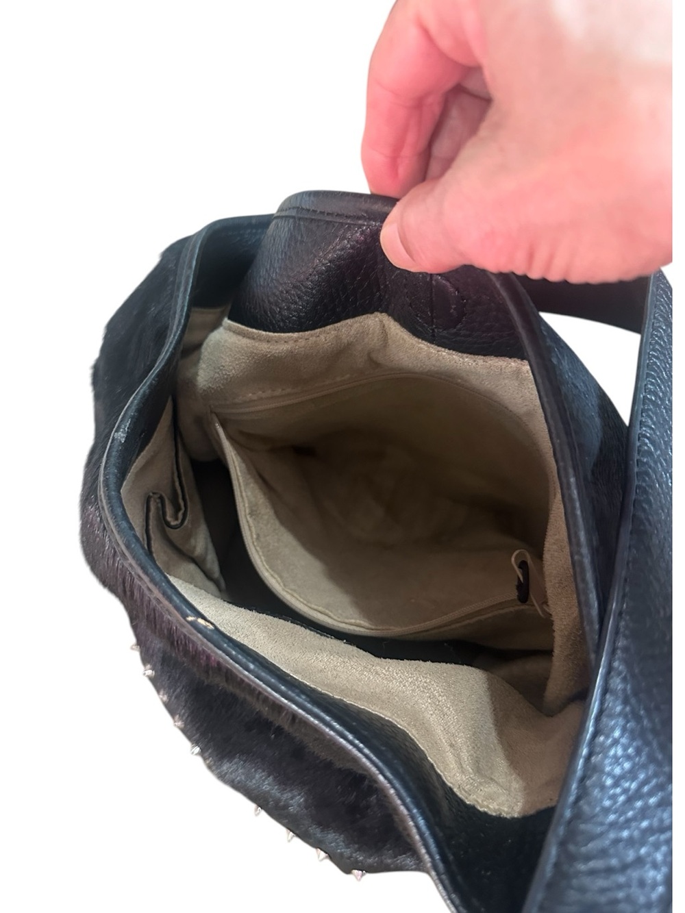 Aqua Madonna Calf Hair Stud Detail Black Leather Hobo Bag Purse - Picture 8 of 10